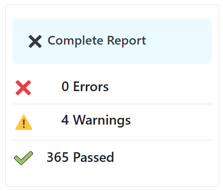 Domain Health Checker complete report showing 0 errors, 4 warnings, and 365 passed DNS health tests.