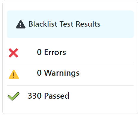 Blacklist Test Results showing 330 passed checks with no blacklist errors or warnings.