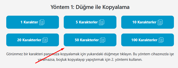 1, 5, 10, 20, 50 ve 100 adet boşluk karakteri i&ccedil;in kopyalama butonlarına ve g&ouml;r&uuml;nmez metni kopyalamaya dair talimatlara sahip, g&ouml;r&uuml;nmez karakter oluşturma aracı.