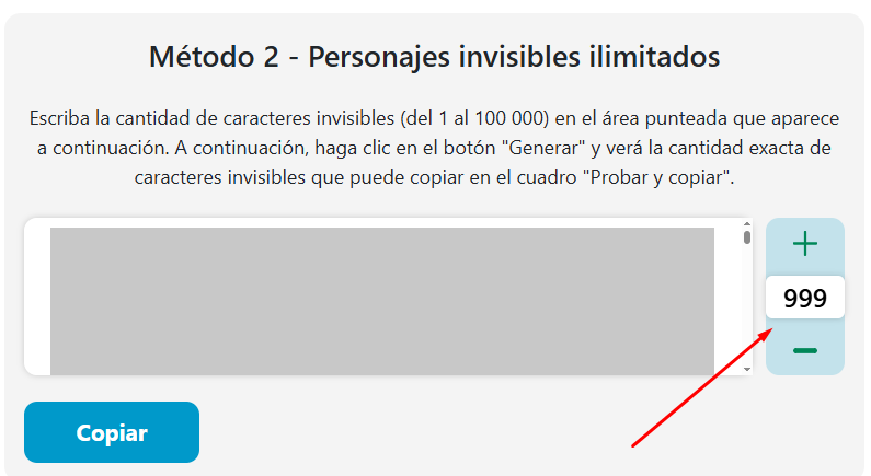 Generador masivo de caracteres invisibles con recuento ajustable, controles de incremento y decremento, área de salida de texto y botón de copia para generar caracteres en blanco ilimitados.