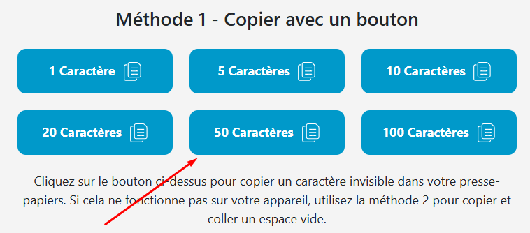 Outil de g&eacute;n&eacute;ration de caract&egrave;res invisibles avec des boutons de copie pour 1, 5, 10, 20, 50 et 100 caract&egrave;res vides, ainsi que des instructions pour copier du texte invisible.