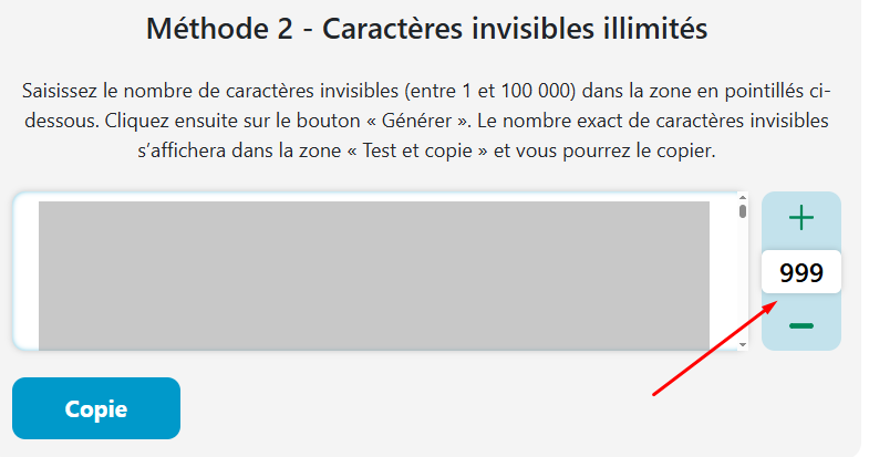 G&eacute;n&eacute;rateur de caract&egrave;res invisibles en masse avec nombre de caract&egrave;res r&eacute;glable, commandes d'ajustement (+/-), zone de sortie de texte et bouton de copie pour g&eacute;n&eacute;rer une quantit&eacute; illimit&eacute;e de caract&egrave;res vides.