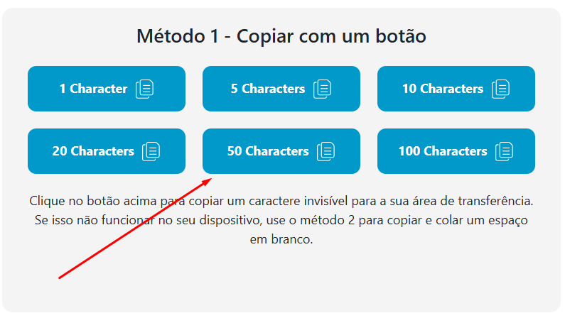 Ferramenta geradora de caracteres invis&iacute;veis com bot&otilde;es para copiar 1, 5, 10, 20, 50 e 100 caracteres em branco, al&eacute;m de instru&ccedil;&otilde;es para copiar texto invis&iacute;vel.