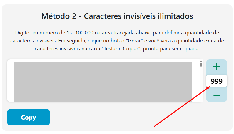 Gerador em massa de caracteres invis&iacute;veis com contagem ajust&aacute;vel, controles de incremento e decremento, &aacute;rea de sa&iacute;da de texto e bot&atilde;o de c&oacute;pia para gerar caracteres em branco ilimitados.