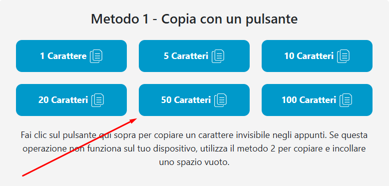 Strumento generatore di caratteri invisibili con pulsanti di copia per 1, 5, 10, 20, 50 e 100 caratteri vuoti, e istruzioni per copiare il testo invisibile.