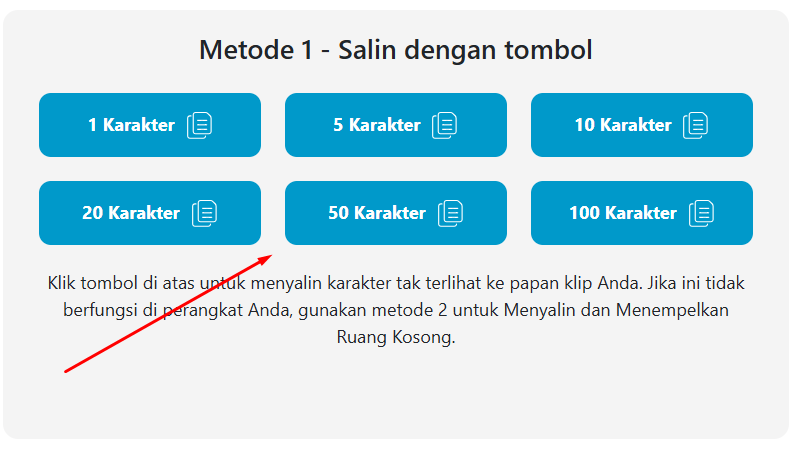 Alat pembuat karakter tak terlihat yang dilengkapi tombol salin untuk 1, 5, 10, 20, 50, dan 100 karakter kosong, serta panduan cara menyalin teks tak terlihat tersebut.